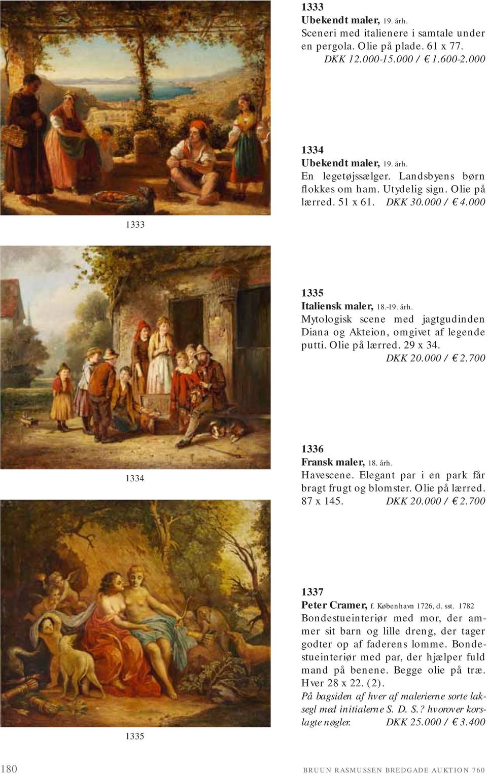 Mytologisk scene med jagtgudinden Diana og Akteion, omgivet af legende putti. Olie på lærred. 29 x 34. DKK 20.000 / 2.700 1334 1336 Fransk maler, 18. årh. Havescene.