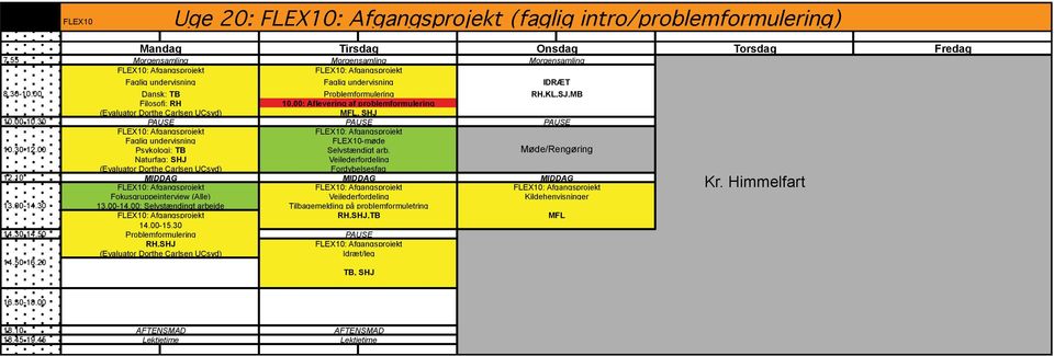 00: Aflevering af problemformulering, FLEX10-møde Psykologi: TB Naturfag: (Evaluator Dorthe Carlsen UCsyd) Selvstændigt arb.