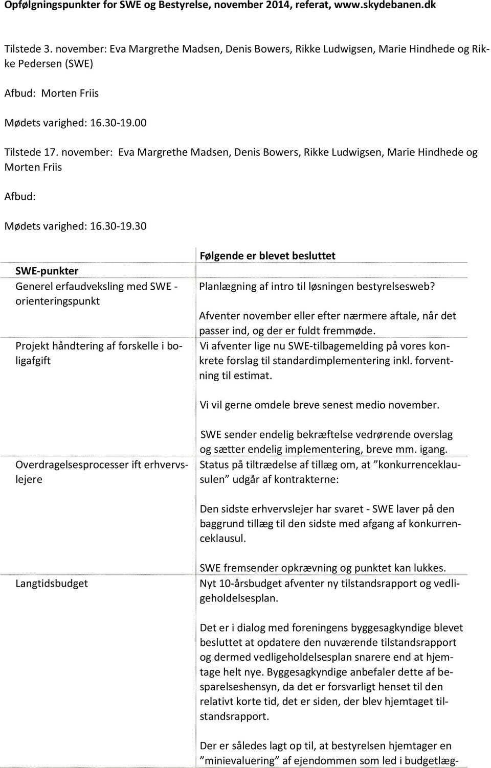 november: Eva Margrethe Madsen, Denis Bowers, Rikke Ludwigsen, Marie Hindhede og Morten Friis Afbud: Mødets varighed: 16.3019.