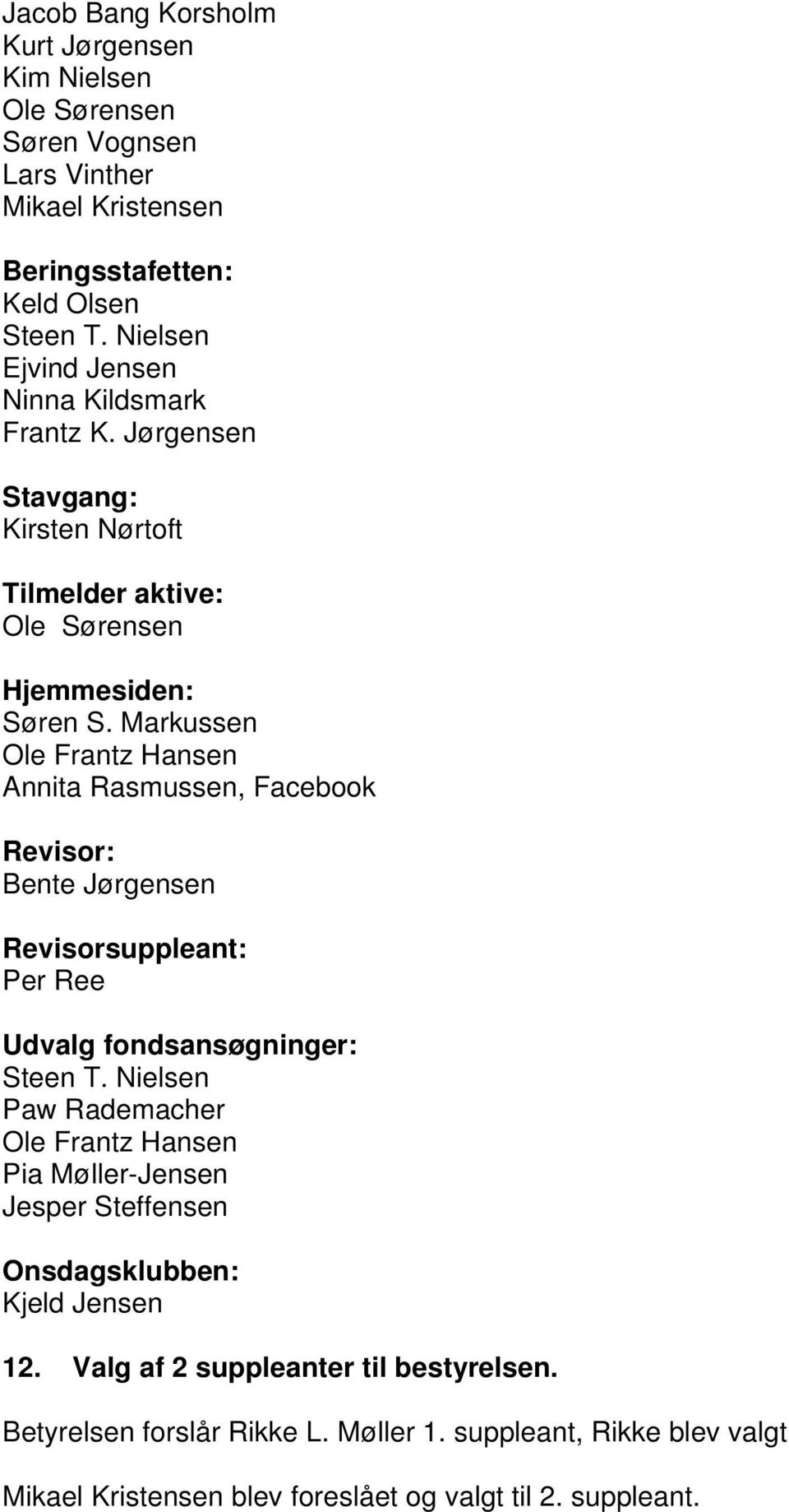 Markussen Ole Frantz Hansen Annita Rasmussen, Facebook Revisor: Bente Jørgensen Revisorsuppleant: Per Ree Udvalg fondsansøgninger: Steen T.