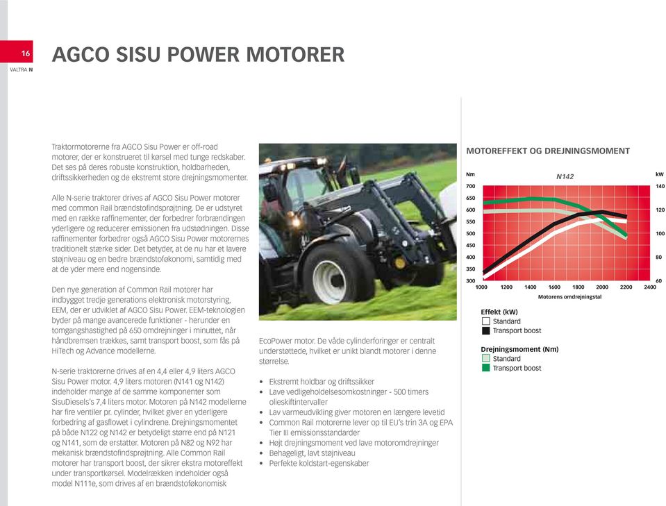 MOTOREFFEKT OG DREJNINGSMOMENT N142 Alle N-serie traktorer drives af AGCO Sisu Power motorer med common Rail brændstofi ndsprøjtning.