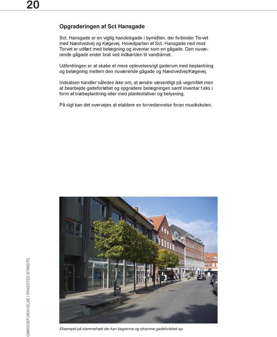 Udfordringen er at skabe et mere oplevelsesrigt gaderum med beplantning og belægning mellem den nuværende gågade og Næstvedvej/Køgevej.