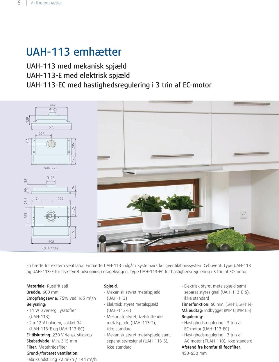 Emhætte UAH-113 indgår i Systemairs bolig ventilationssystem Cebovent: Type UAH-113 og UAH-113-E for trykstyret udsugning i etagebyggeri. Type UAH-113-EC for hastighedsregulering i 3 trin af EC-motor.