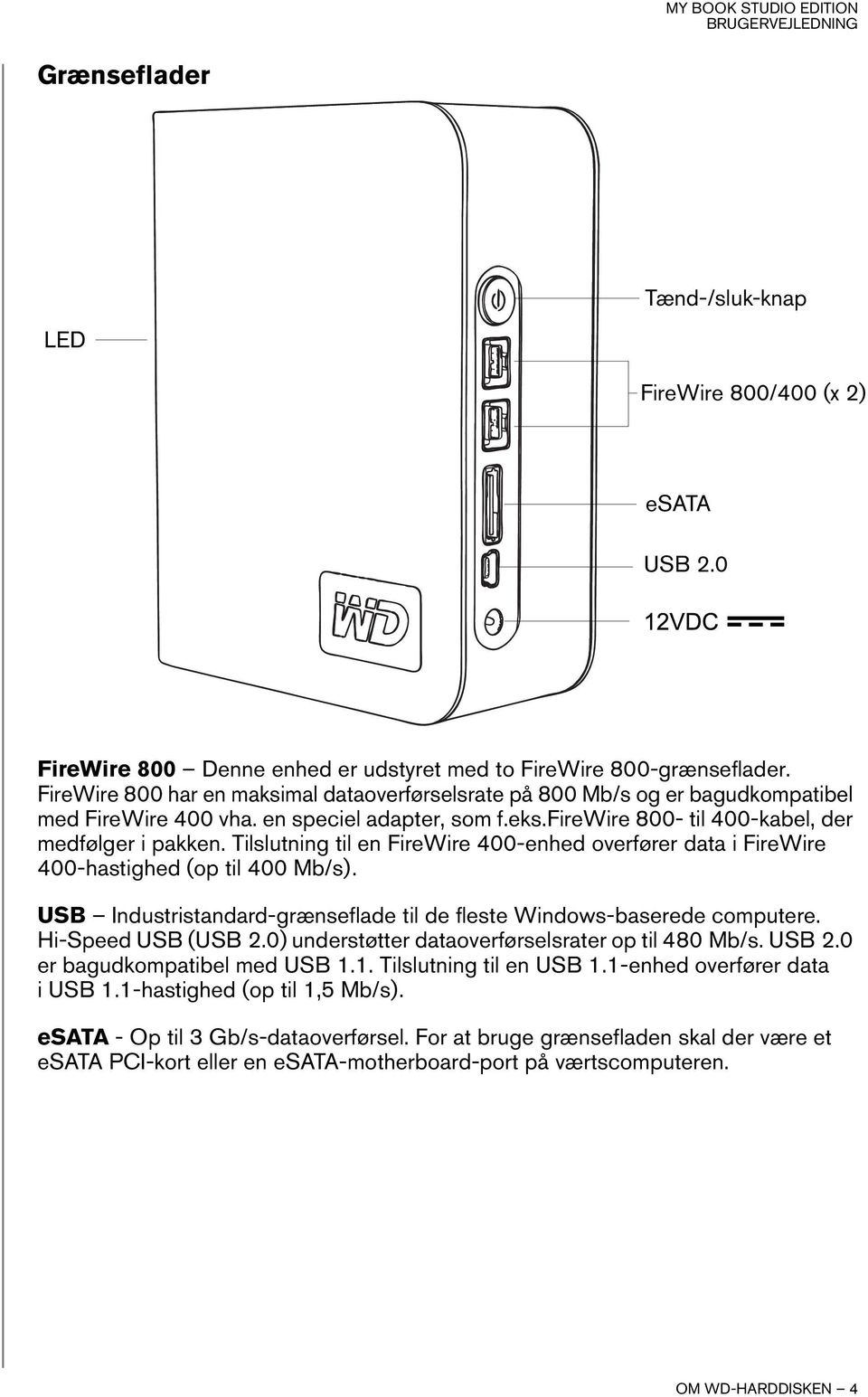 Tilslutning til en FireWire 400-enhed overfører data i FireWire 400-hastighed (op til 400 Mb/s). USB Industristandard-grænseflade til de fleste Windows-baserede computere. Hi-Speed USB (USB 2.