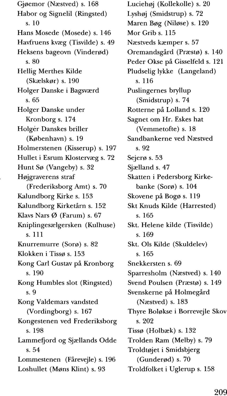 32 Høj graverens straf (Frederiksborg Amt) s. 70 Kalundborg Kirke s. 153 Kalundborg Kirketårn s. 152 Klavs Nars 0 (Farum) s. 67 Kniplingesælgersken (Kulhuse) s. 111 Knurremurre (Sorø) s.