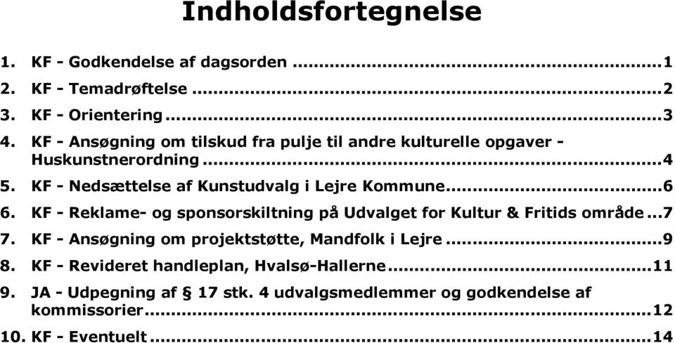 KF - Nedsættelse af Kunstudvalg i Lejre Kommune...6 6. KF - Reklame- og sponsorskiltning på Udvalget for Kultur & Fritids område...7 7.