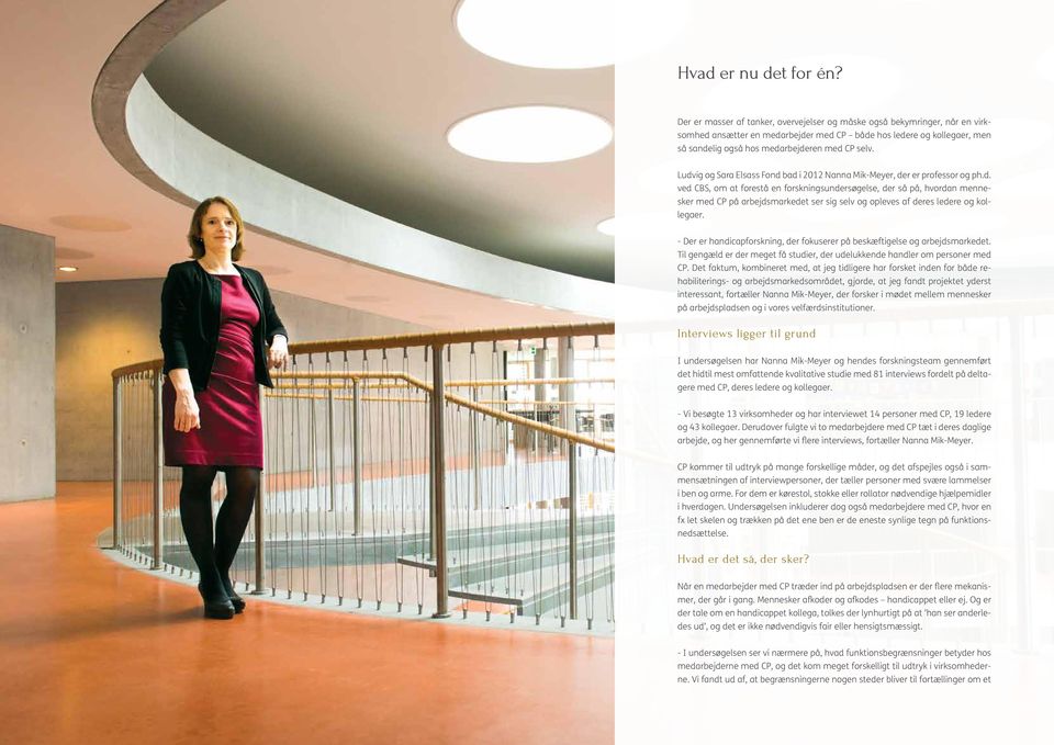 Ludvig og Sara Elsass Fond bad i 2012 Nanna Mik-Meyer, der er professor og ph.d. ved CBS, om at forestå en forskningsundersøgelse, der så på, hvordan mennesker med CP på arbejdsmarkedet ser sig selv og opleves af deres ledere og kollegaer.