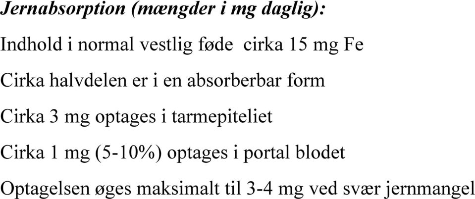 Cirka 3 mg optages i tarmepiteliet Cirka 1 mg (5-10%) optages i