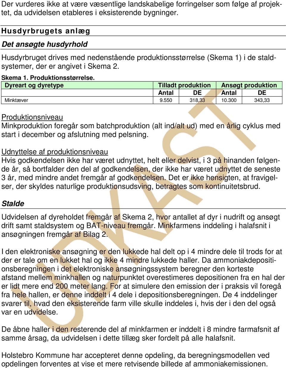 Dyreart og dyretype Tilladt produktion Ansøgt produktion Antal DE Antal DE Minktæver 9.550 318,33 10.