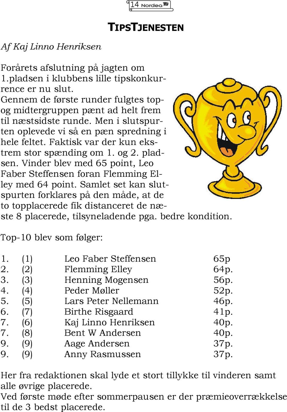 Faktisk var der kun ekstrem stor spænding om 1. og 2. pladsen. Vinder blev med 65 point, Leo Faber Steffensen foran Flemming Elley med 64 point.