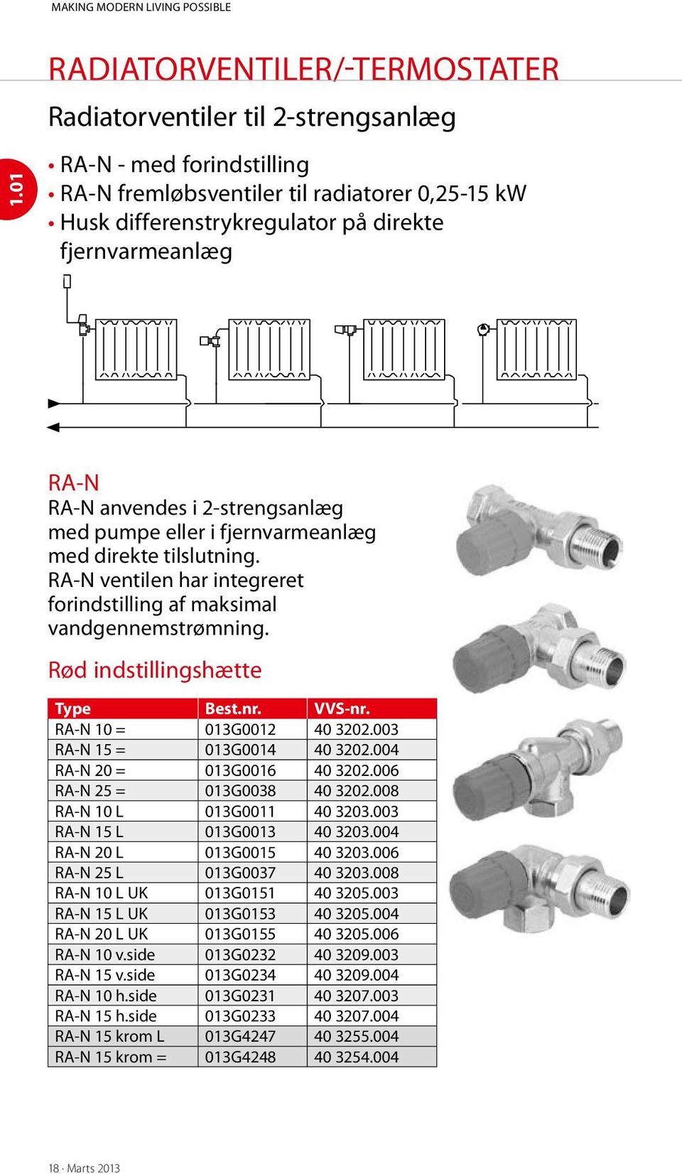 RA-N RA-N anvendes i 2-strengsanlæg med pumpe eller i fjernvarmeanlæg med direkte tilslutning. RA-N ventilen har integreret forind stilling af maksimal vandgennem strømning.