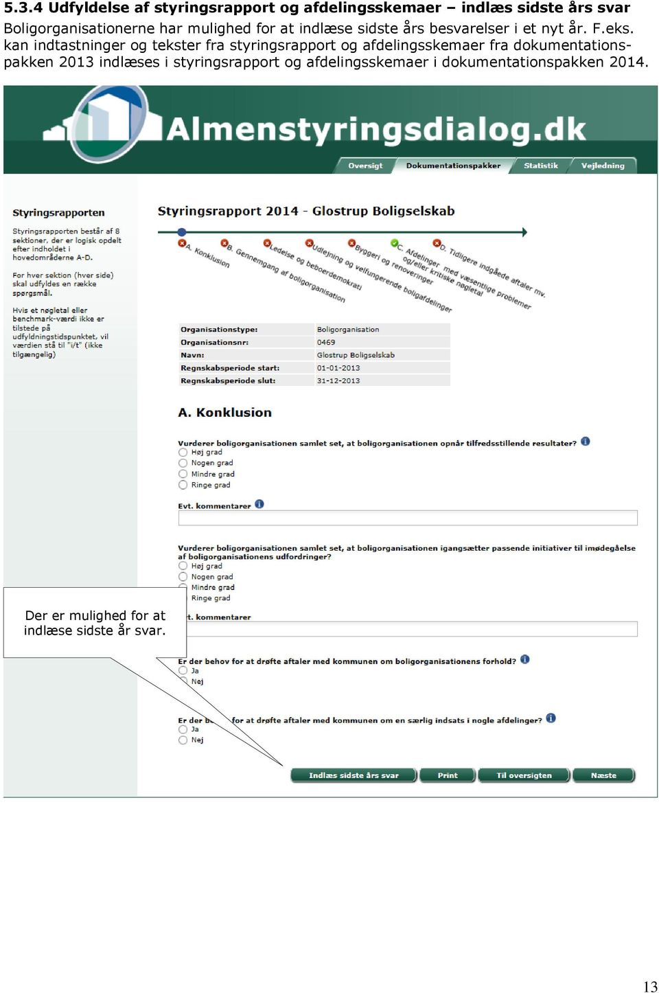 kan indtastninger og tekster fra styringsrapport og afdelingsskemaer fra dokumentationspakken 2013