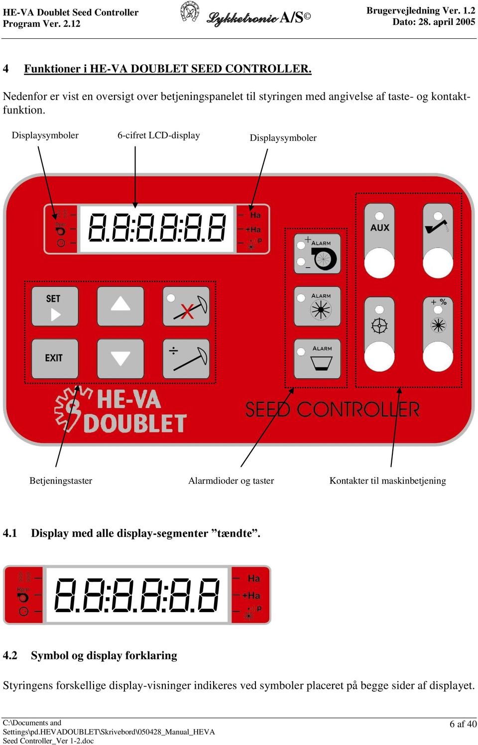 Displaysymboler 6-cifret LCD-display Displaysymboler Betjeningstaster Alarmdioder og taster Kontakter til
