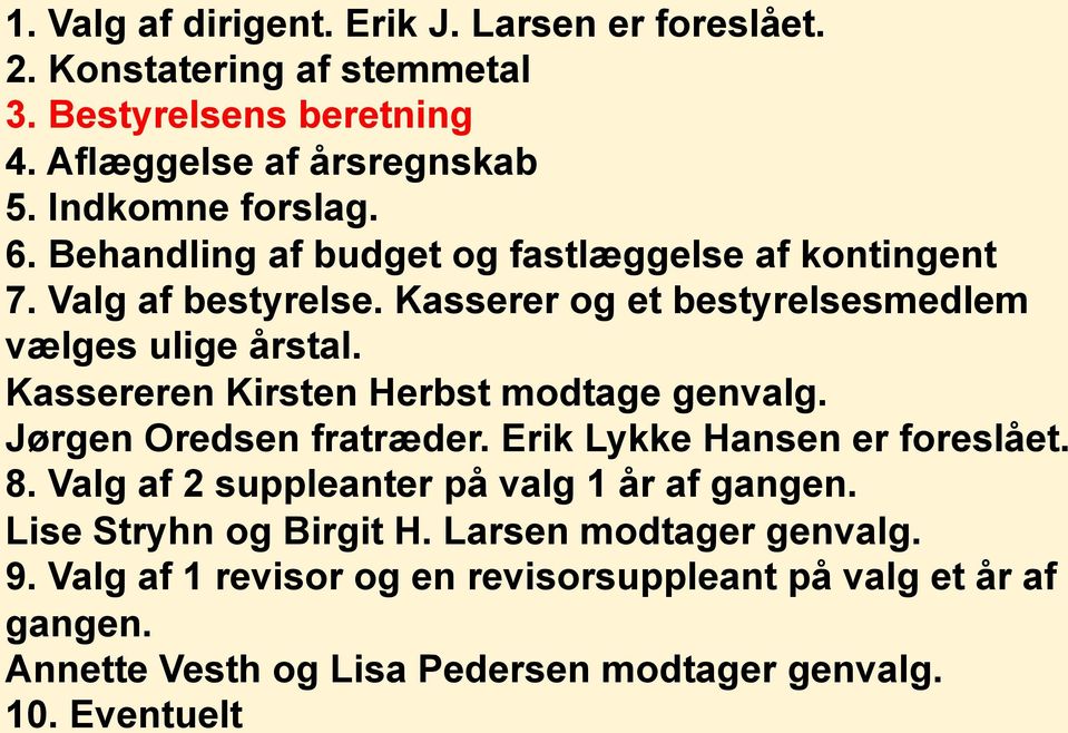 Kassereren Kirsten Herbst modtage genvalg. Jørgen Oredsen fratræder. Erik Lykke Hansen er foreslået. 8. Valg af 2 suppleanter på valg 1 år af gangen.