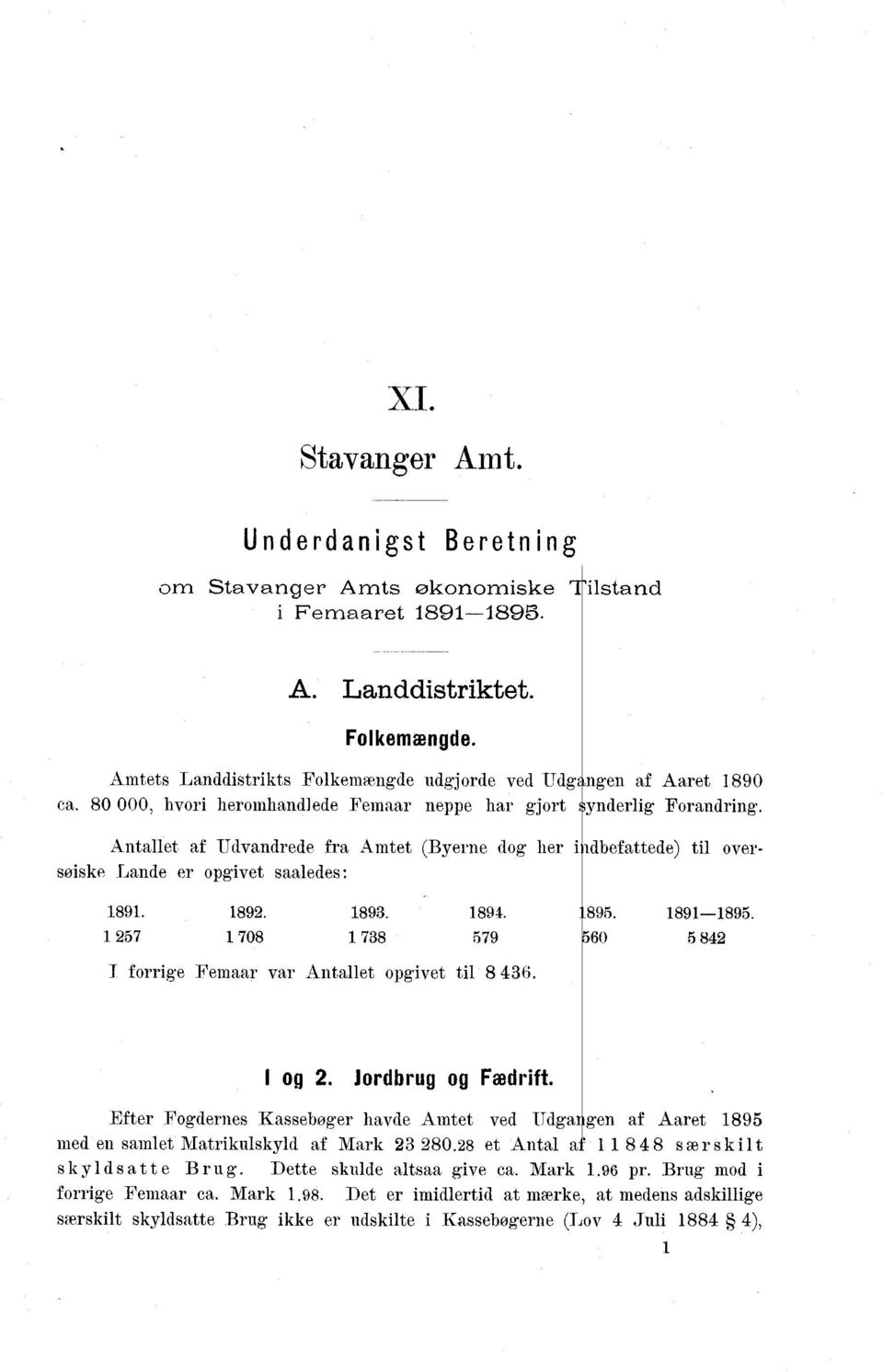 Antallet af Udvandrede fra Amtet (Byerne dog heri dbefattede) til oversøiske Lande er opgivet saaledes : 1891. 1892. 1893. 1894. 895. 1891-1895.