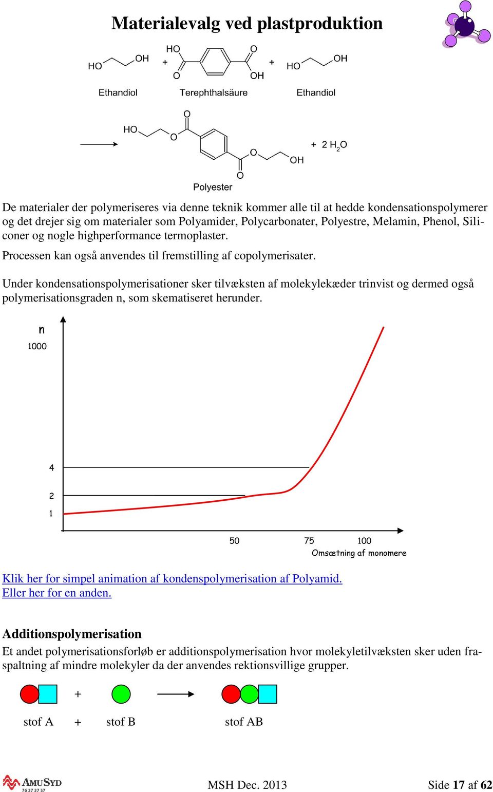 Under kondensationspolymerisationer sker tilvæksten af molekylekæder trinvist og dermed også polymerisationsgraden n, som skematiseret herunder.