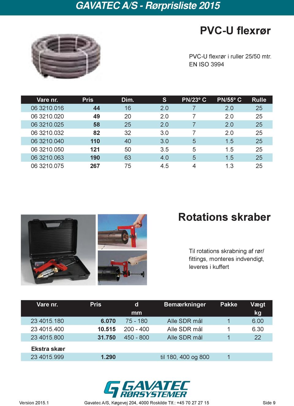 3 25 Rotations skraber Til rotations skrabning af rør/ fittings, monteres indvendigt, leveres i kuffert Vare nr. Pris d Bemærkninger Pakke Vægt mm kg 23 4015.180 6.070 75-180 Alle SDR mål 1 6.