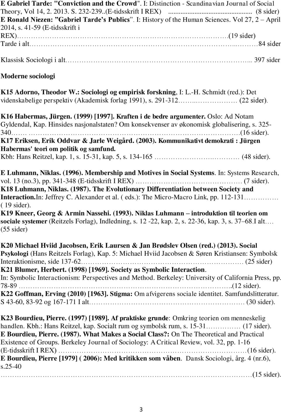 .. 397 sider Moderne sociologi K15 Adorno, Theodor W.: Sociologi og empirisk forskning, I: L.-H. Schmidt (red.): Det videnskabelige perspektiv (Akademisk forlag 1991), s. 291-312.. (22 sider).