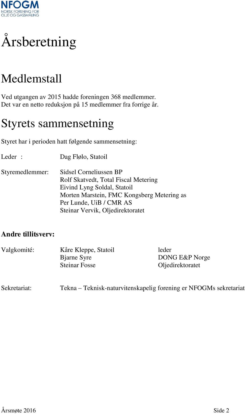 Fiscal Metering Eivind Lyng Soldal, Statoil Morten Marstein, FMC Kongsberg Metering as Per Lunde, UiB / CMR AS Steinar Vervik, Oljedirektoratet Andre tillitsverv: