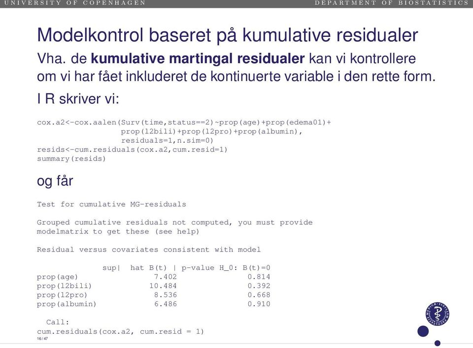 resid=1) summary(resids) og får Test for cumulative MG-residuals Grouped cumulative residuals not computed, you must provide modelmatrix to get these (see help) Residual versus
