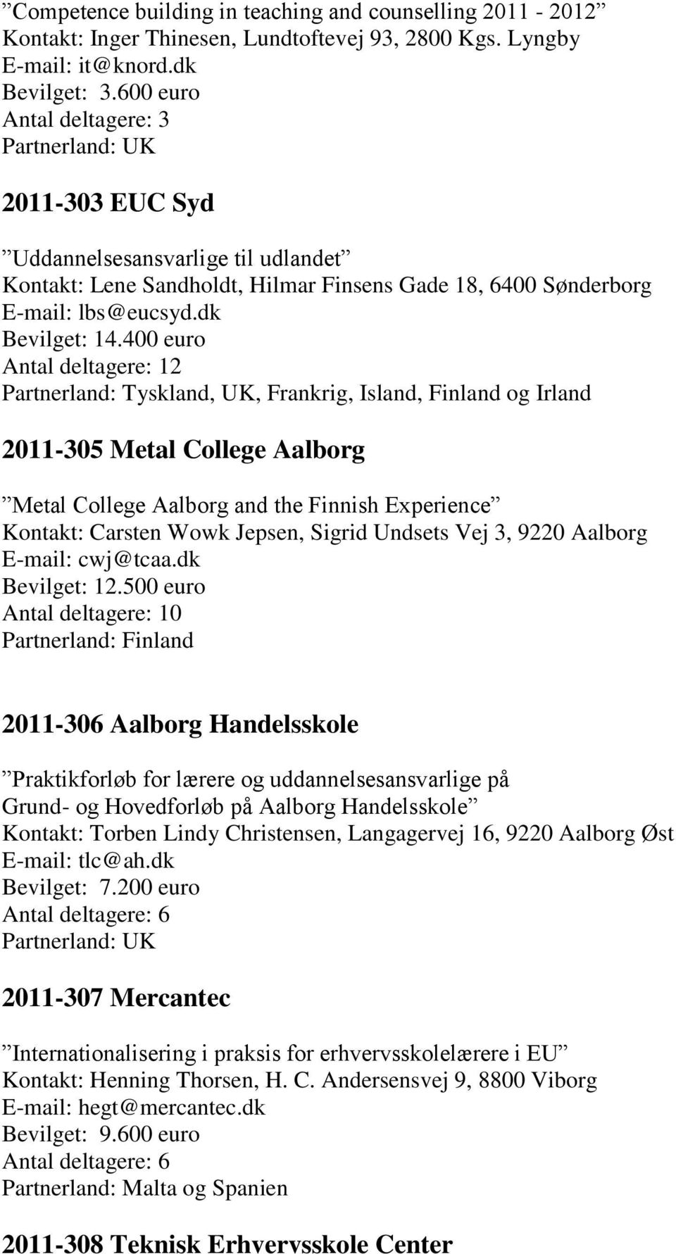 400 euro Antal deltagere: 12 Partnerland: Tyskland, UK, Frankrig, Island, Finland og Irland 2011-305 Metal College Aalborg Metal College Aalborg and the Finnish Experience Kontakt: Carsten Wowk