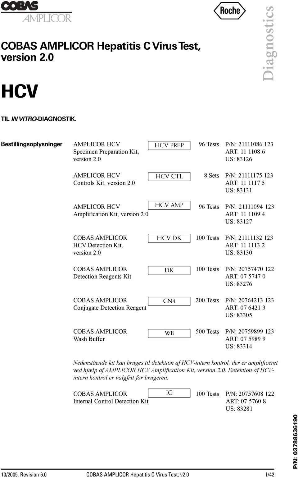 0 US: 83126 AMPLICOR HCV HCV CTL 8 Sets P/N: 21111175 123 Controls Kit, version 2.0 ART: 11 1117 5 US: 83131 AMPLICOR HCV HCV AMP 96 Tests P/N: 21111094 123 Amplification Kit, version 2.
