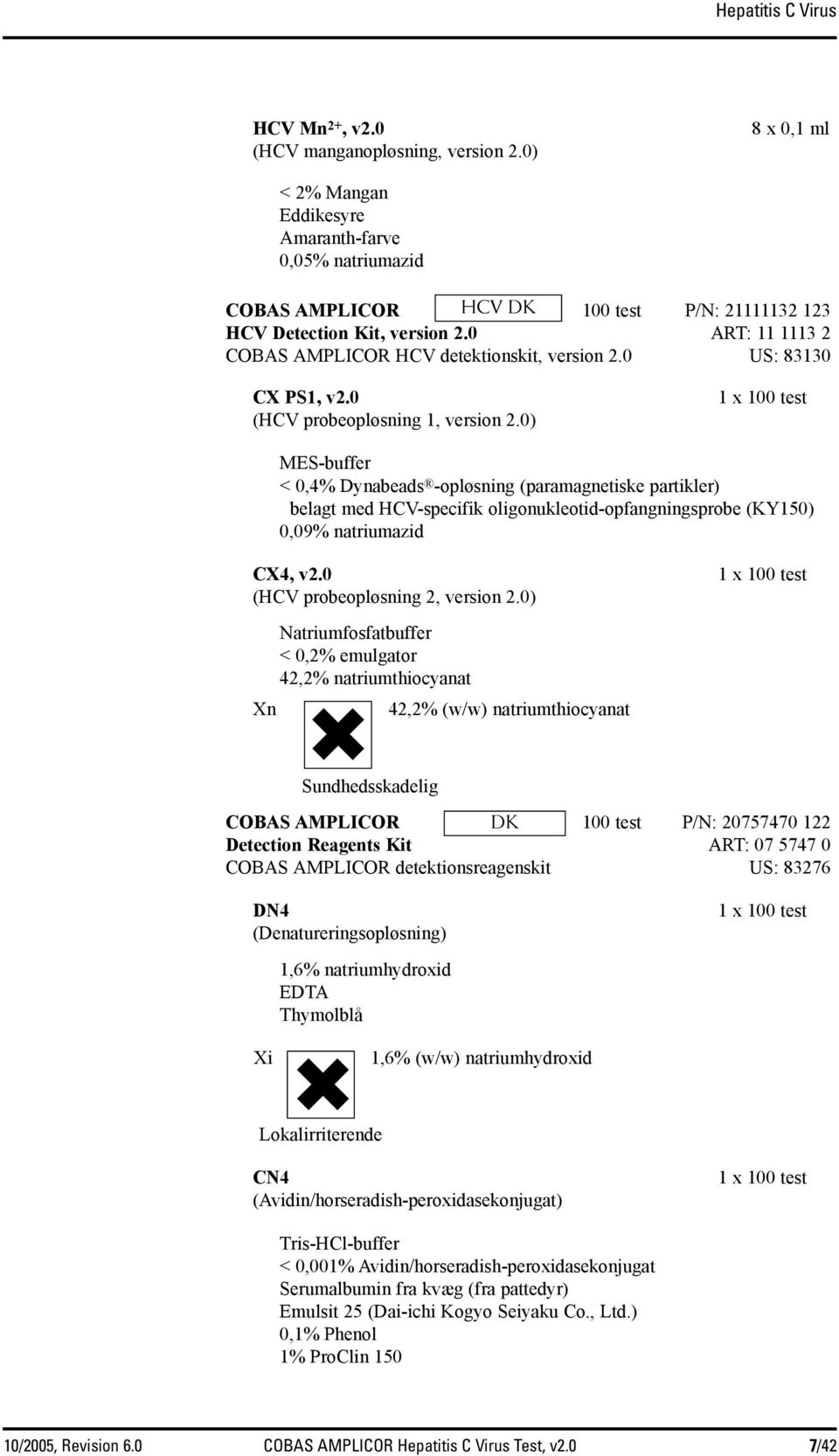 0 ART: 11 1113 2 COBAS AMPLICOR HCV detektionskit, version 2.0 US: 83130 CX PS1, v2.0 (HCV probeopløsning 1, version 2.