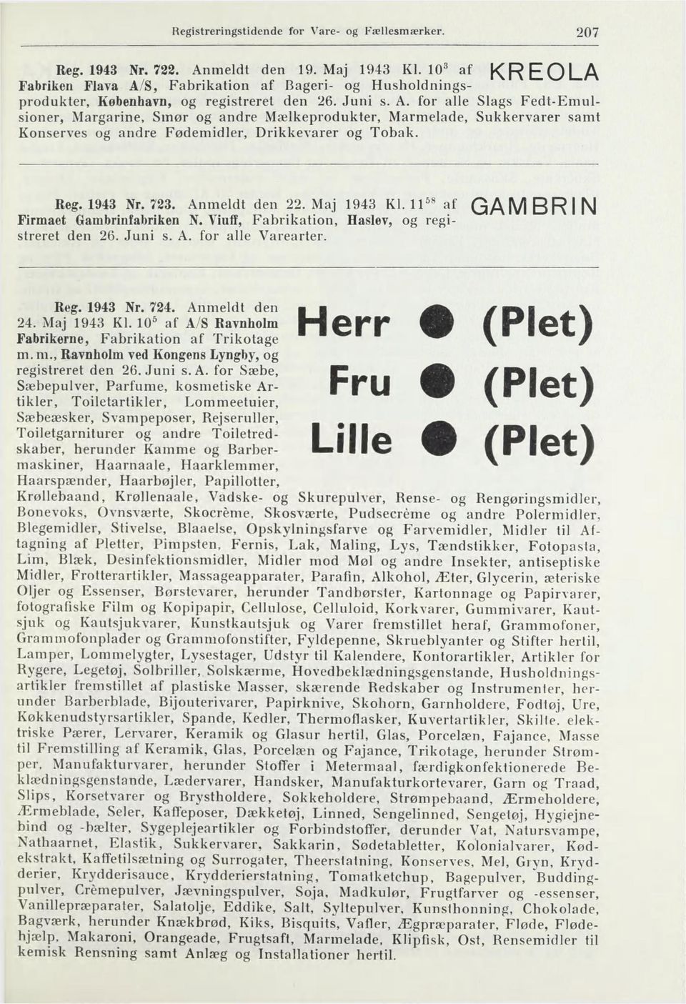 Reg. 1943 Nr. 723. Anmeldt den 22. Maj 1943 Kl. 11^ af GAMBRIN Firmaet Gambrinfabriken N. Viuff, Fabrikation, Haslev, og registreret den 26. Juni s. A. for alle Varearter. Reg. 1943 Nr. 724.