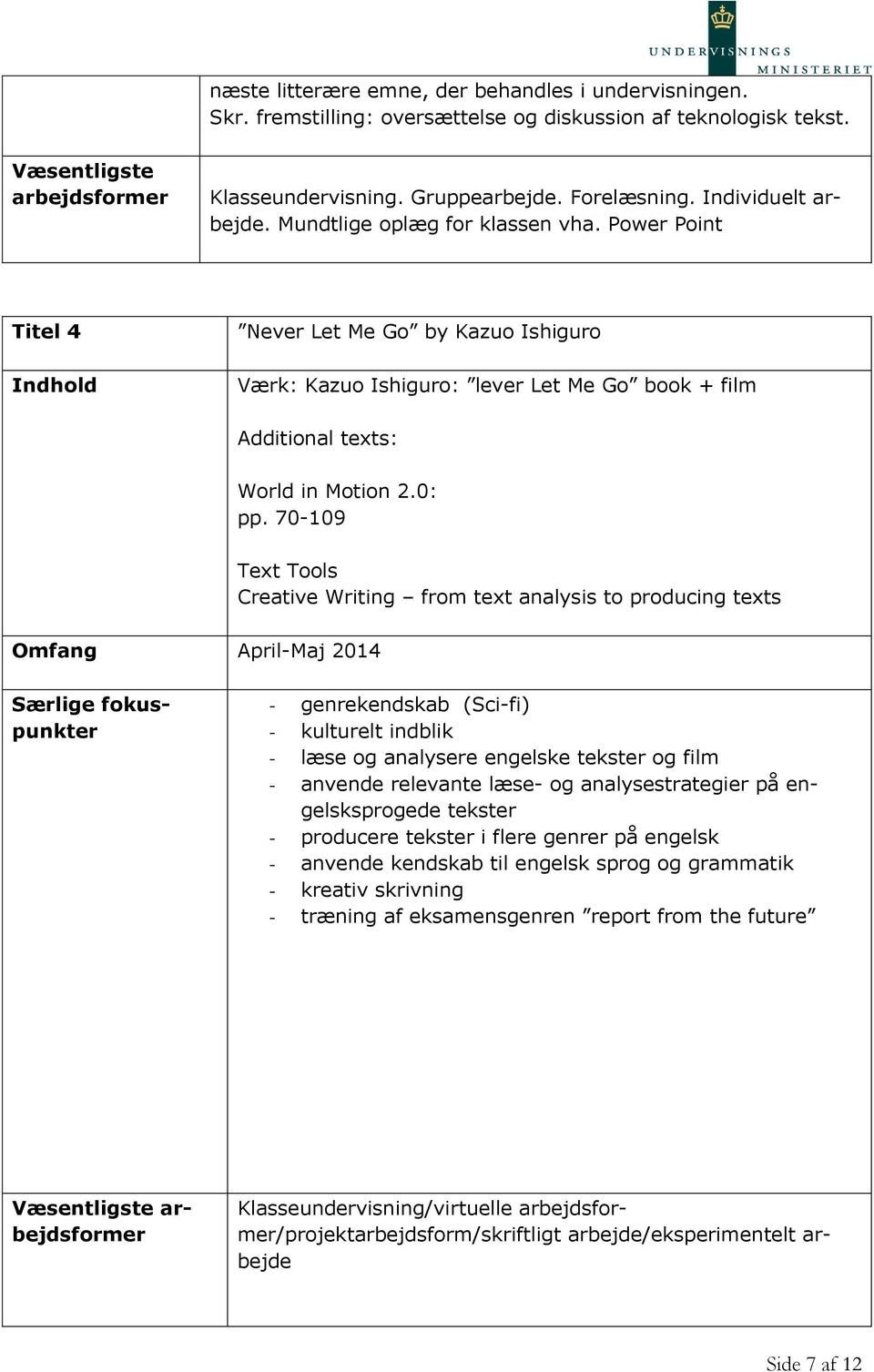 70-109 Text Tools Creative Writing from text analysis to producing texts Omfang April-Maj 2014 - genrekendskab (Sci-fi) - kulturelt indblik - læse og analysere engelske tekster og film - anvende
