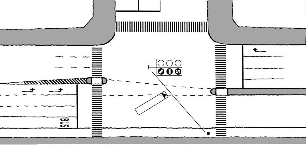 Figur 4.5. Busbane ophører ved en stoplinje. Bussernes udkørsel lettes med et bussignal. Der kan evt. undlades forvarsling med vandret bjælke. 4.3.