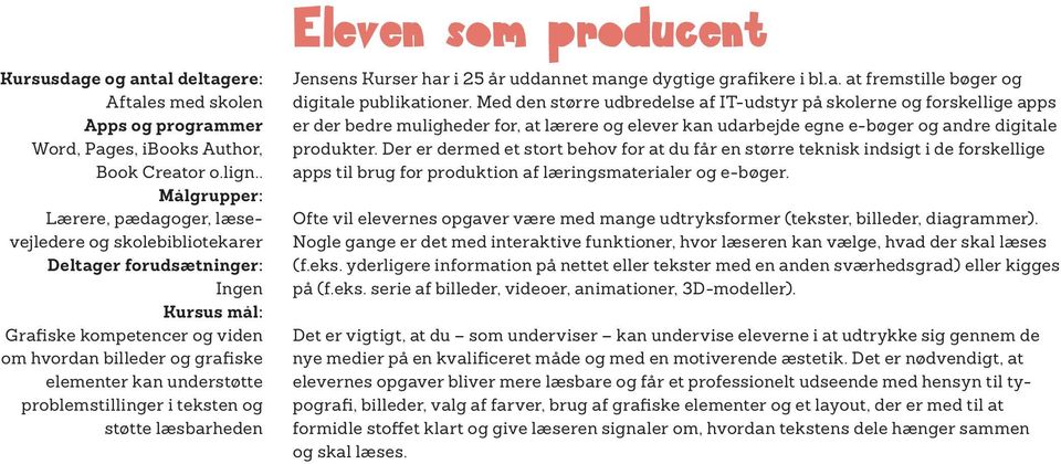 problemstillinger i teksten og støtte læsbarheden Eleven som producent Jensens Kurser har i 25 år uddannet mange dygtige grafikere i bl.a. at fremstille bøger og digitale publikationer.
