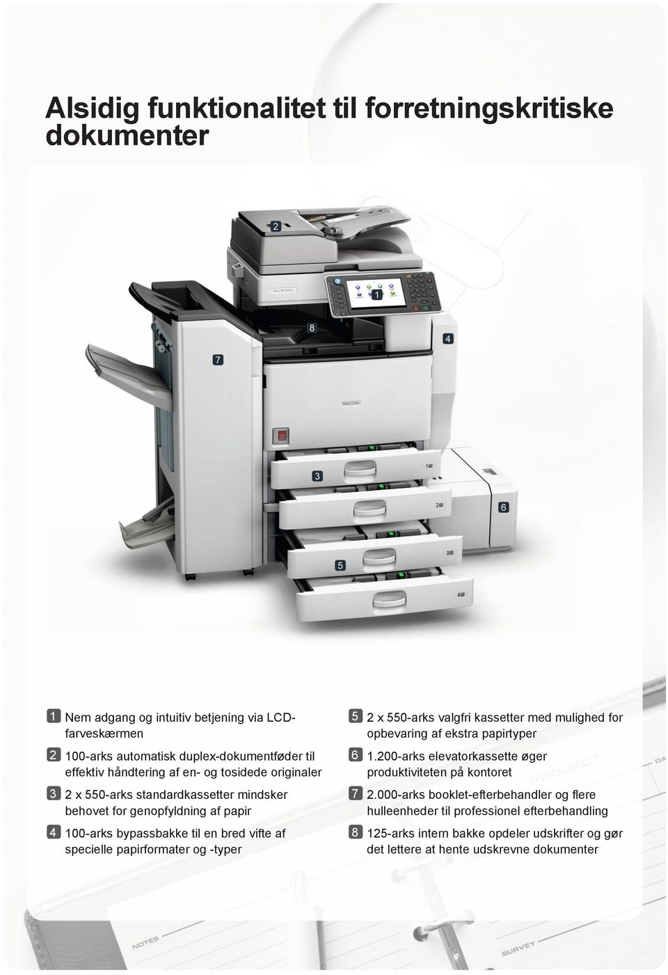papirformater og -typer 5 2 x 550-arks valgfri kassetter med mulighed for opbevaring af ekstra papirtyper 6 1.200-arks elevatorkassette øger produktiviteten på kontoret 7 2.
