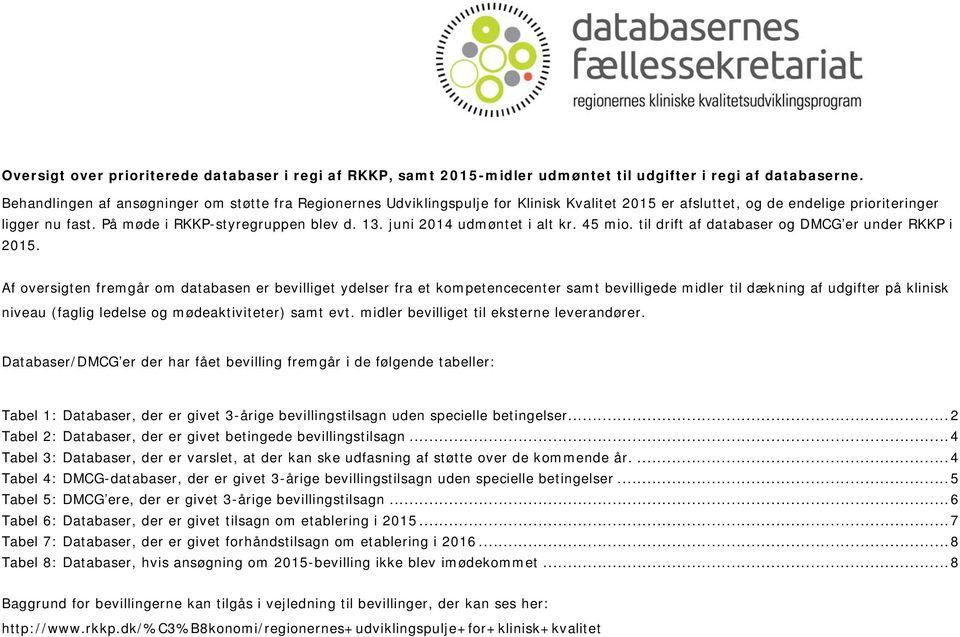 juni 2014 udmøntet i alt kr. 45 mio. til drift af databaser og DMCG er under RKKP i 2015.