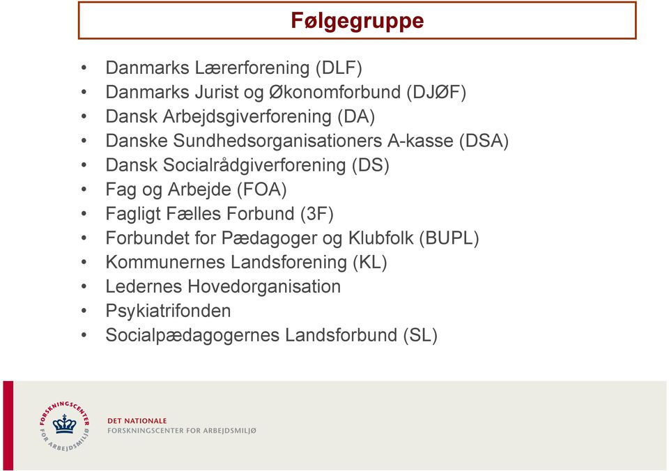 Socialrådgiverforening (DS) Fag og Arbejde (FOA) Fagligt Fælles Forbund (3F) Forbundet for