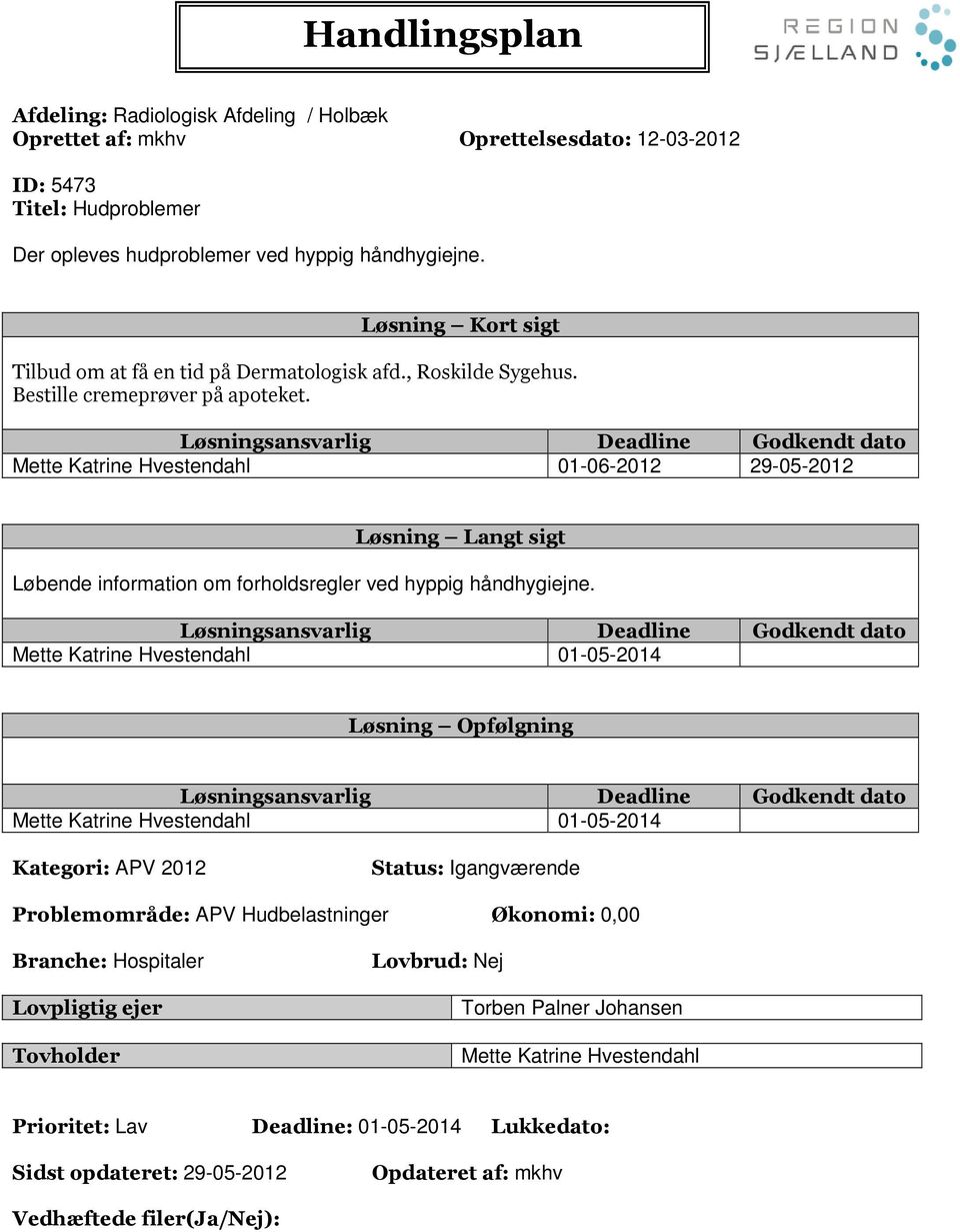 Mette Katrine Hvestendahl 01-06-2012 29-05-2012 Løbende information om forholdsregler ved hyppig håndhygiejne.