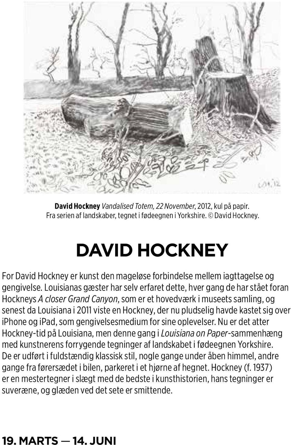 Louisianas gæster har selv erfaret dette, hver gang de har stået foran Hockneys A closer Grand Canyon, som er et hovedværk i museets samling, og senest da Louisiana i 2011 viste en Hockney, der nu