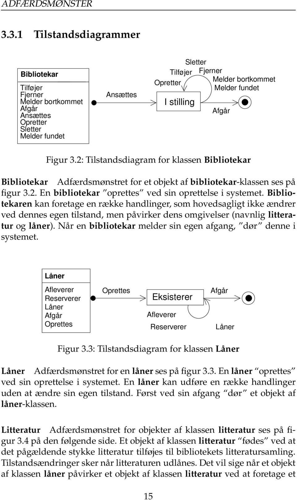 stilling Afgår Figur 3.2: Tilstandsdiagram for klassen Bibliotekar Bibliotekar Adfærdsmønstret for et objekt af bibliotekar-klassen ses på figur 3.2. En bibliotekar oprettes ved sin oprettelse i systemet.