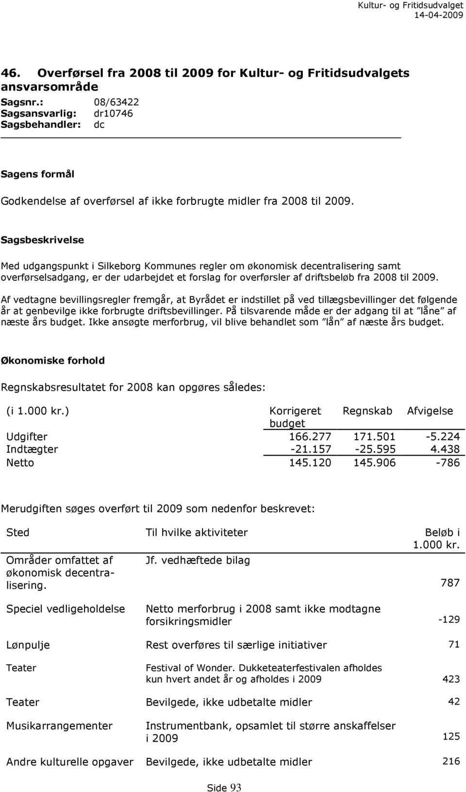 Sagsbeskrivelse Med udgangspunkt i Silkeborg Kommunes regler om økonomisk decentralisering samt overførselsadgang, er der udarbejdet et forslag for overførsler af driftsbeløb fra 2008 til 2009.