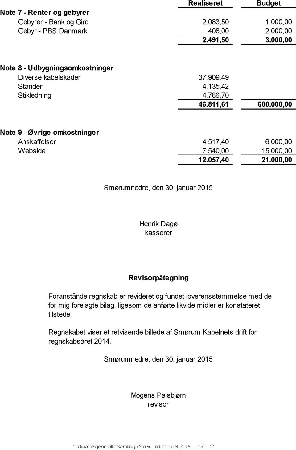 januar 2015 Henrik Dagø kasserer Revisorpåtegning Foranstånde regnskab er revideret og fundet ioverensstemmelse med de for mig forelagte bilag, ligesom de anførte likvide midler er konstateret