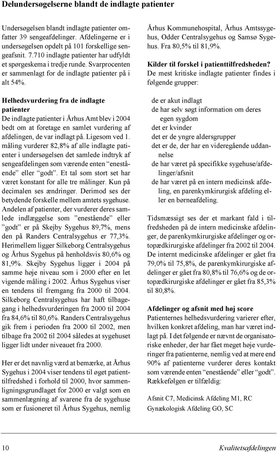 Helhedsvurdering fra de indlagte patienter De indlagte patienter i Århus Amt blev i 2004 bedt om at foretage en samlet vurdering af afdelingen, de var indlagt på. Ligesom ved.