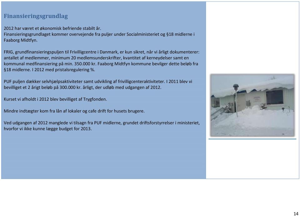 kommunal medfinansiering på min. 350.000 kr. Faaborg Midtfyn kommune bevilger dette beløb fra 18 midlerne. I 2012 med pristalsregulering %.