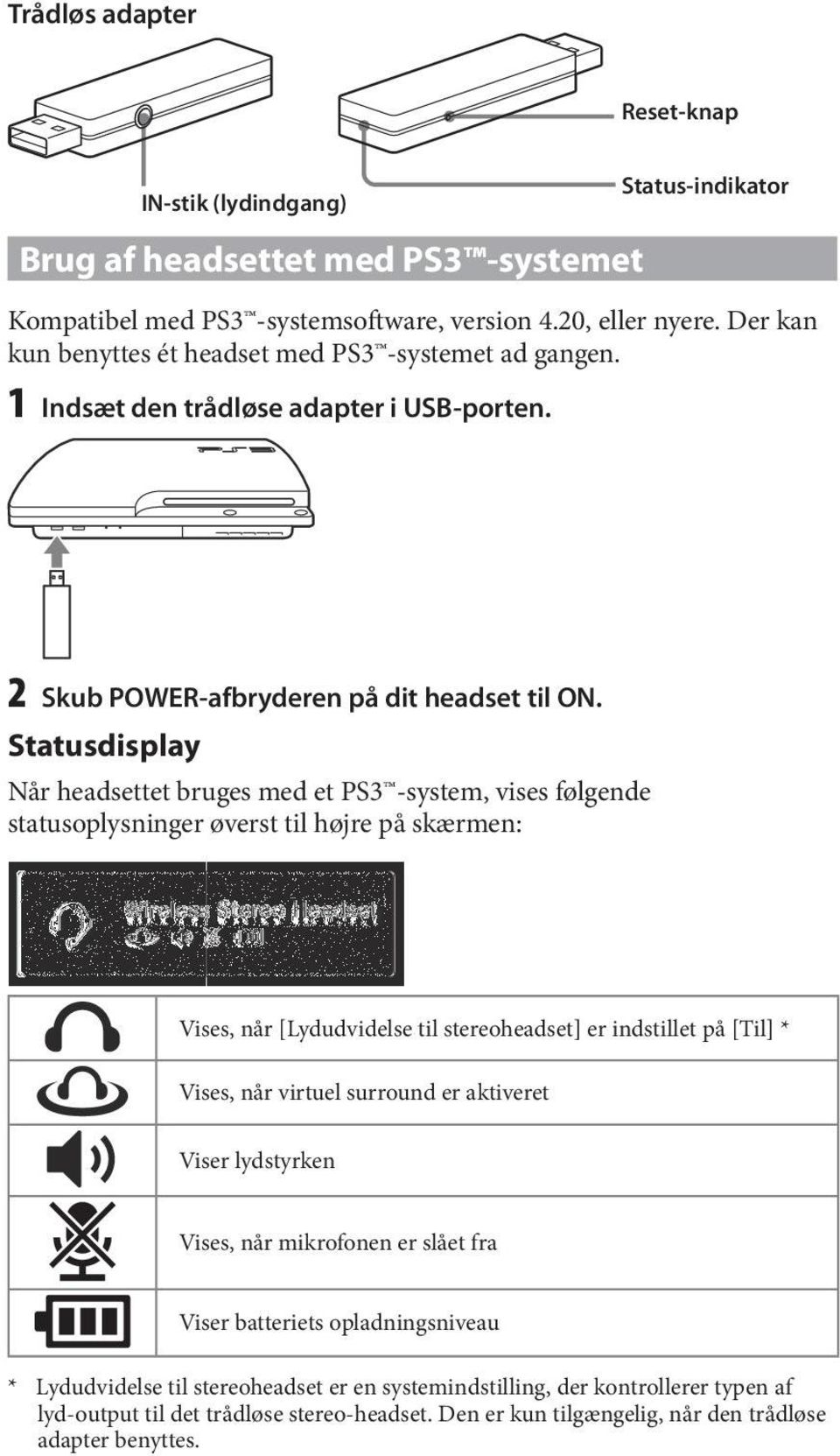 Statusdisplay Når headsettet bruges med et PS3 -system, vises følgende statusoplysninger øverst til højre på skærmen: Vises, når [Lydudvidelse til stereoheadset] er indstillet på [Til] * Vises, når