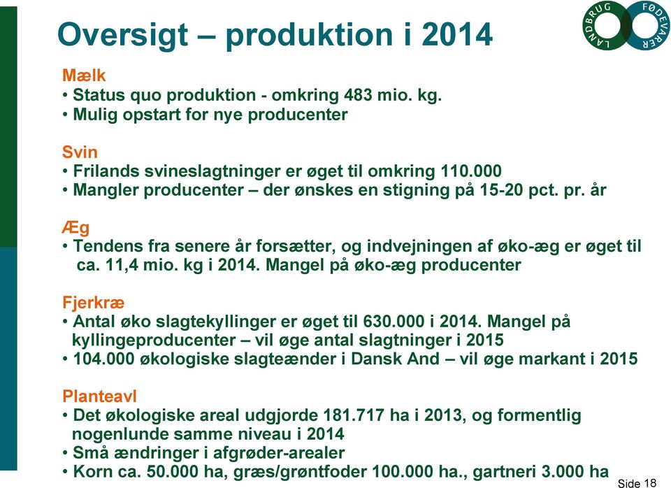 Mangel på øko-æg producenter Fjerkræ Antal øko slagtekyllinger er øget til 630.000 i 2014. Mangel på kyllingeproducenter vil øge antal slagtninger i 2015 104.