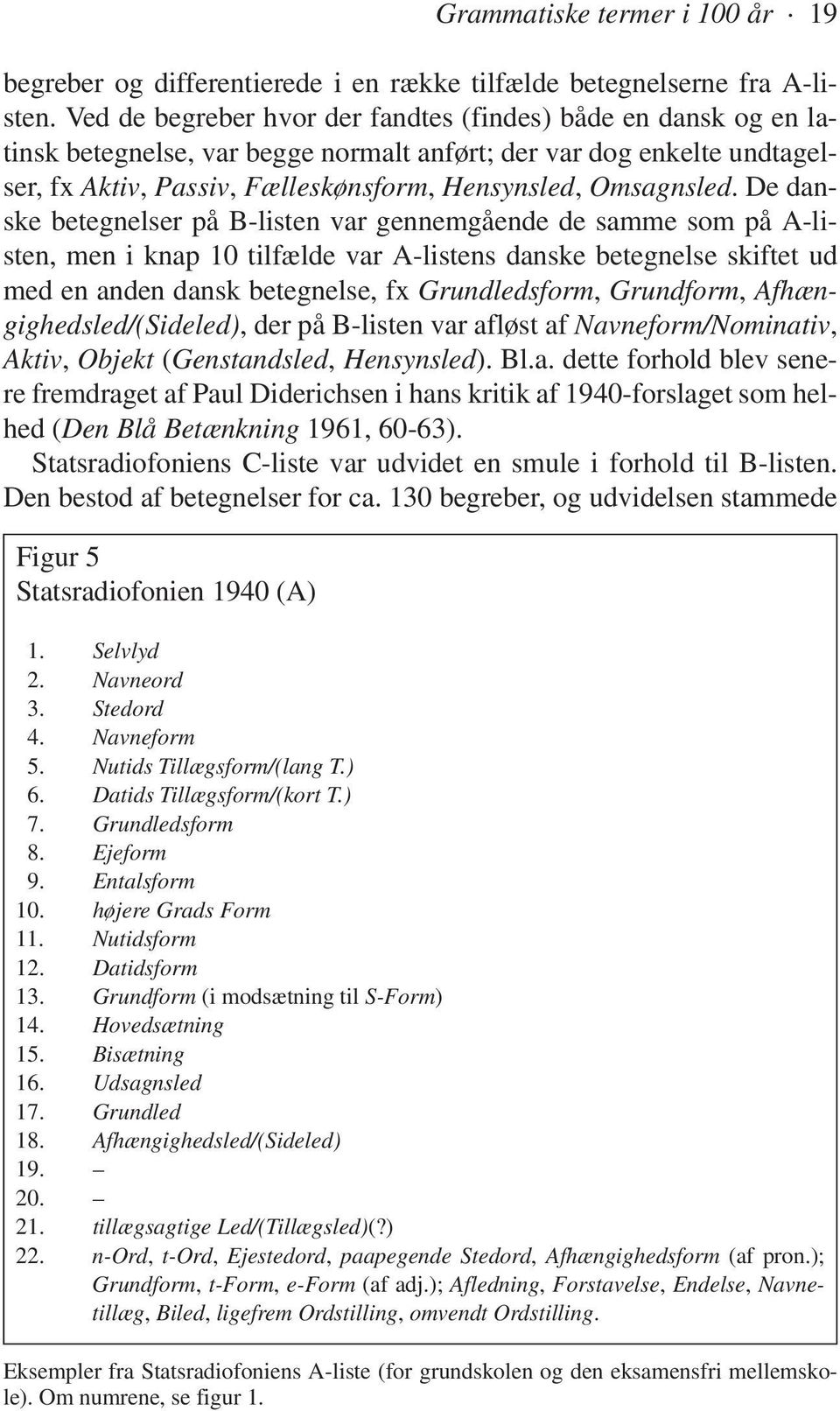De danske betegnelser på B-listen var gennemgående de samme som på A-listen, men i knap 10 tilfælde var A-listens danske betegnelse skiftet ud med en anden dansk betegnelse, fx Grundledsform,