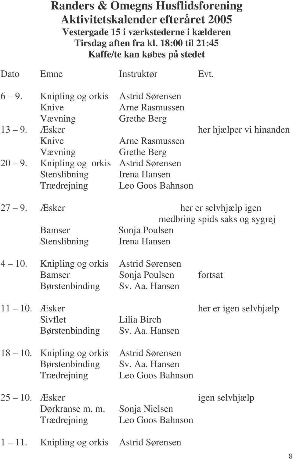 Knipling og orkis Astrid Sørensen Stenslibning Irena Hansen Trædrejning Leo Goos Bahnson 27 9.