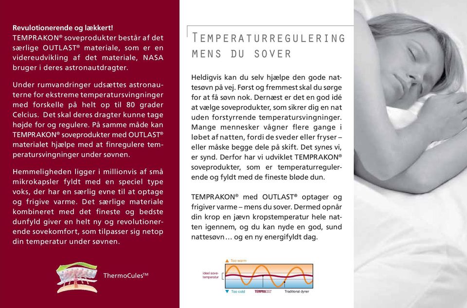 På samme måde kan TEMPRAKON soveprodukter med OUTLAST materialet hjælpe med at finregulere temperatursvingninger under søvnen.