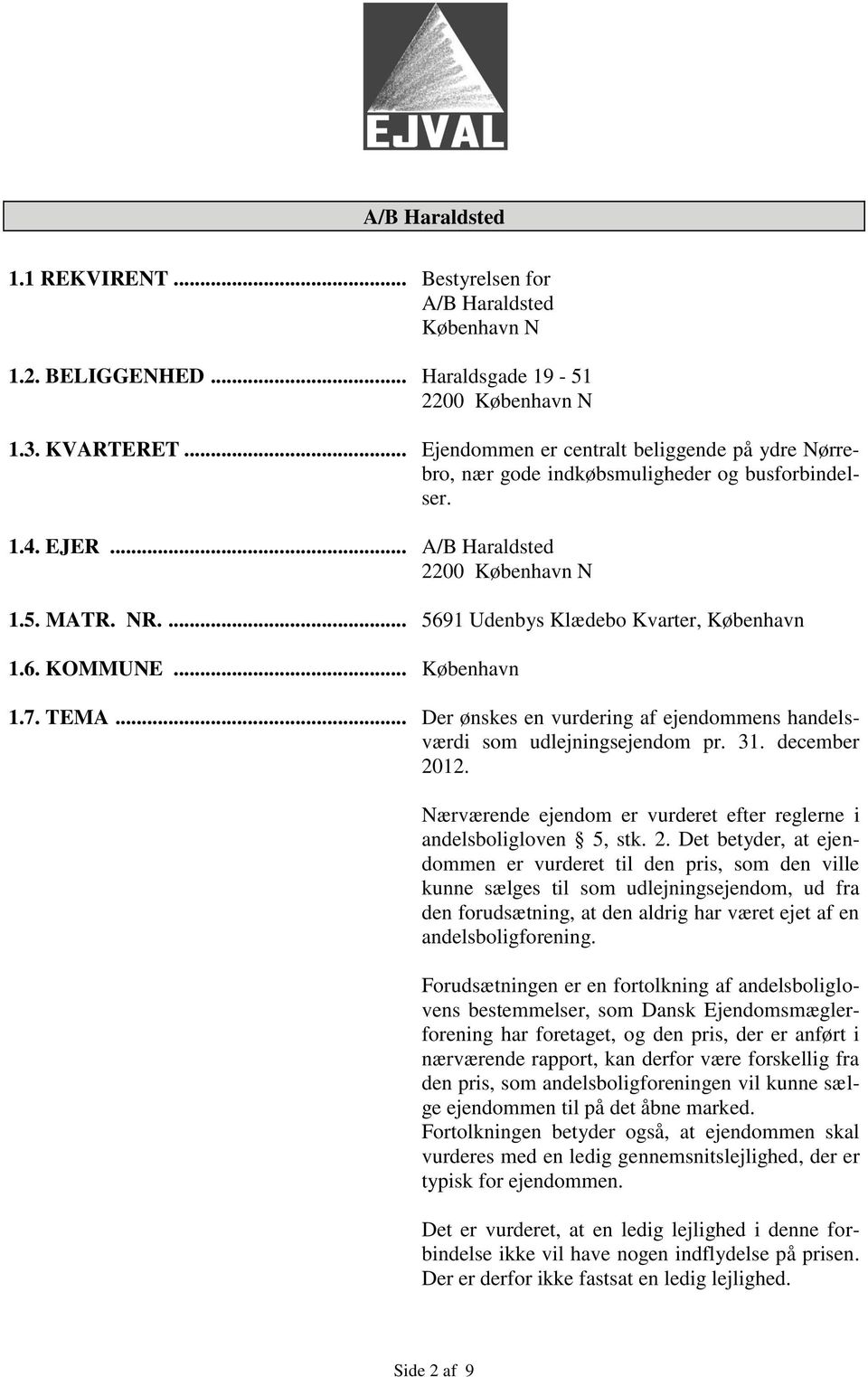 ... 5691 Udenbys Klædebo Kvarter, København 1.6. KOMMUNE... København 1.7. TEMA... Der ønskes en vurdering af ejendommens handelsværdi som udlejningsejendom pr. 31. december 2012.