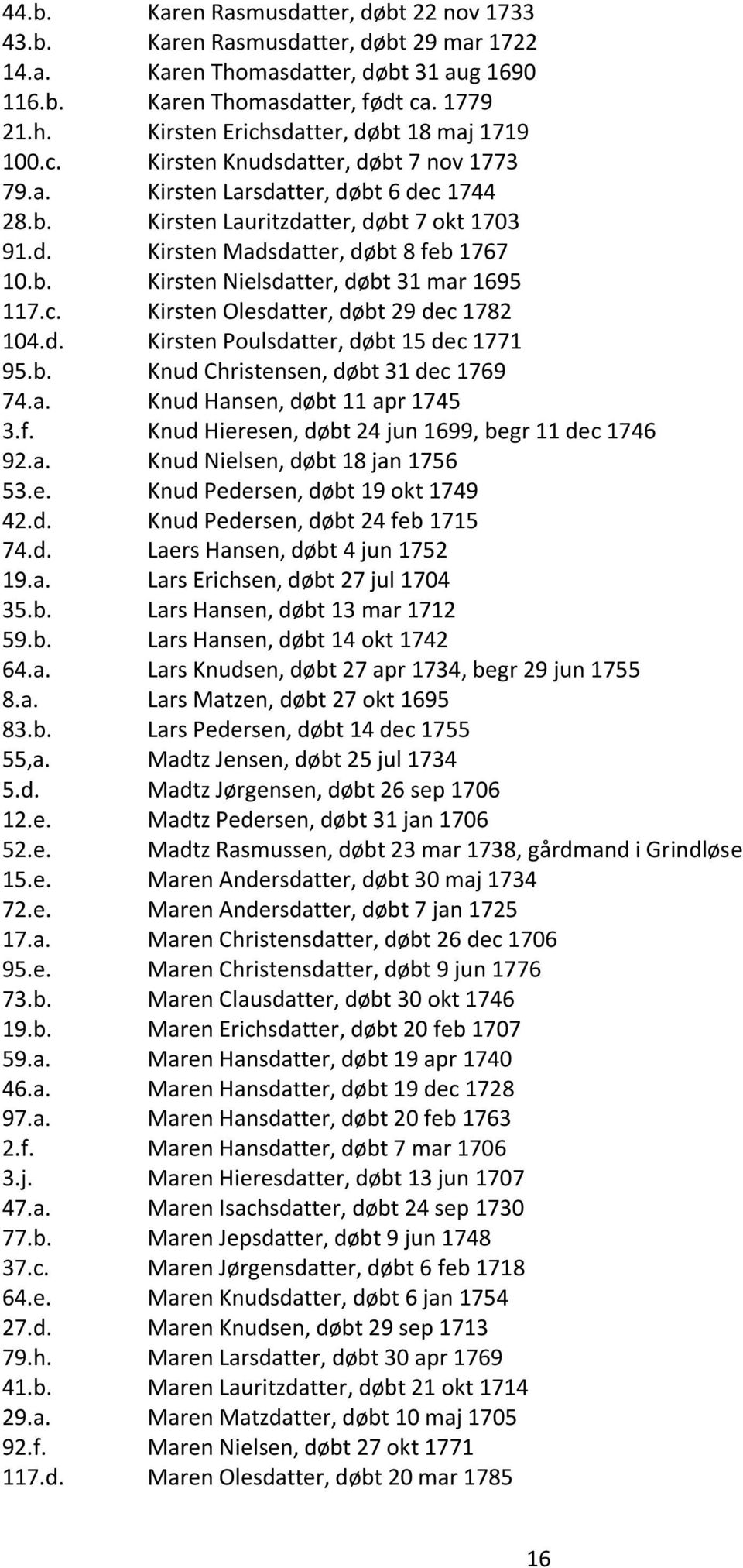 c. Kirsten Olesdatter, døbt 29 dec 1782 104.d. Kirsten Poulsdatter, døbt 15 dec 1771 95.b. Knud Christensen, døbt 31 dec 1769 74.a. Knud Hansen, døbt 11 apr 1745 3.f.