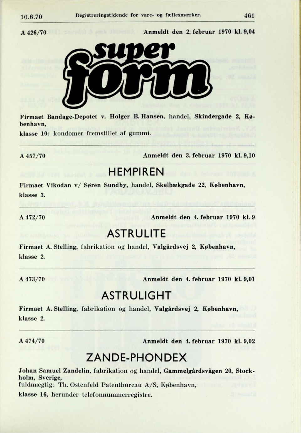 9,10 HEMPIREN Firmaet Vikodan v/ Søren Sundby, handel, Skelbækgade 22, København, klasse 3. A 472/70 Anmeldt den 4. februar 1970 kl. 9 ASTRULITE Firmaet A.
