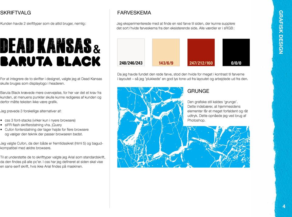 Alle værdier er i srgb : Dead Kansas & Baruta Black 248 / 246 / 243 14 3 /6 /9 247 / 212 / 160 0 /0 /0 For at integrere de to skrifter i designet, valgte jeg at Dead Kansas skulle bruges som